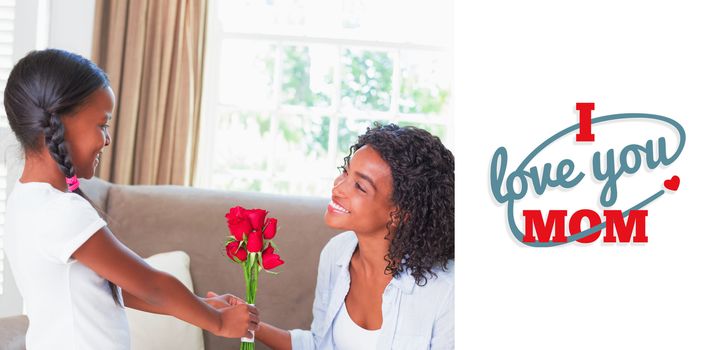 mothers day greeting against pretty mother sitting on the couch with her daughter offering roses