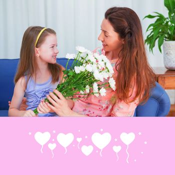 heart balloons against daughter surprising mother with flowers