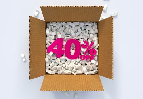 Cardboard Box with shipping peanuts and 40 percent off sign