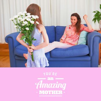 mothers day greeting against daughter surprising mother with flowers