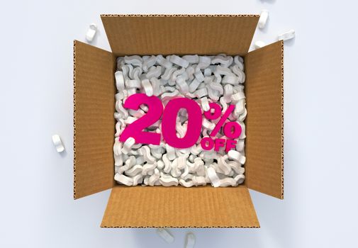 Cardboard Box with shipping peanuts and 20 percent off sign