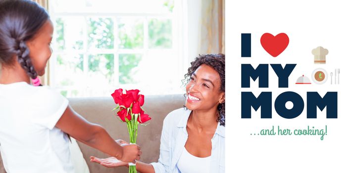 mothers day greeting against pretty mother sitting on the couch with her daughter offering roses