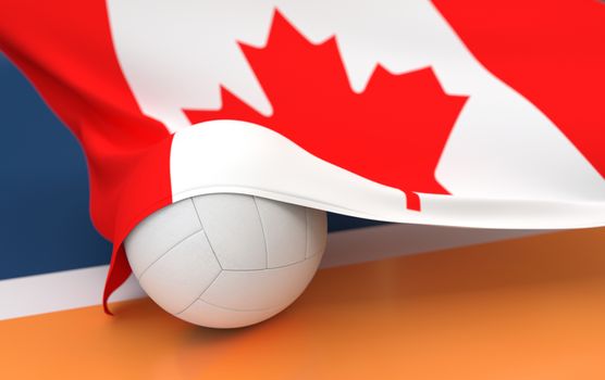 Flag of Canada with championship volleyball ball on volleyball court