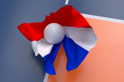 Flag of Netherlands with championship volleyball ball on volleyball court