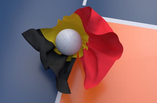 Flag of Belgium with championship volleyball ball on volleyball court