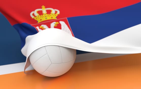 Flag of Serbia with championship volleyball ball on volleyball court