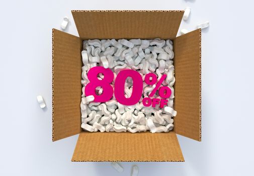 Cardboard Box with shipping peanuts and 80 percent off sign