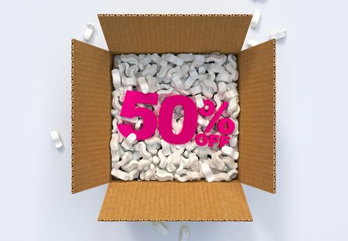 Cardboard Box with shipping peanuts and 50 percent off sign