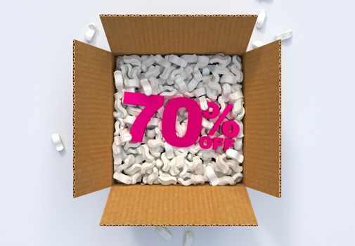 Cardboard Box with shipping peanuts and 70 percent off sign