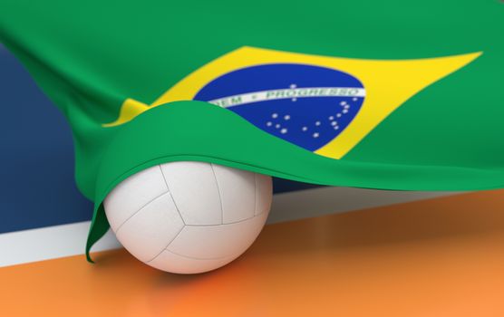 Flag of Brazil with championship volleyball ball on volleyball court