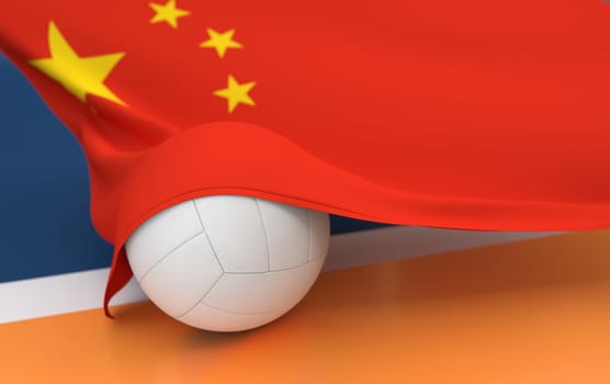 Flag of China with championship volleyball ball on volleyball court