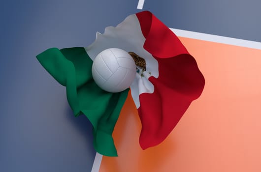 Flag of Mexico with championship volleyball ball on volleyball court