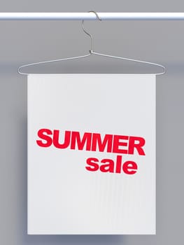 Wire hanger on clothes rail and banner with sale sign