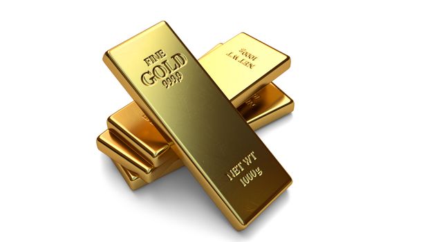 Gold bars, ingot on white backgrounds