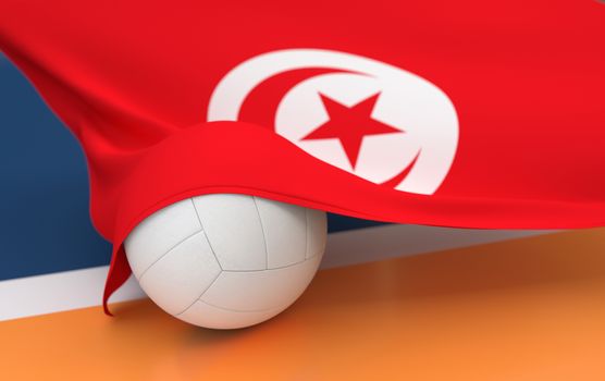 Flag of Tunisia with championship volleyball ball on volleyball court