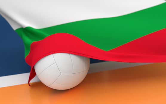 Flag of Bulgaria with championship volleyball ball on volleyball court