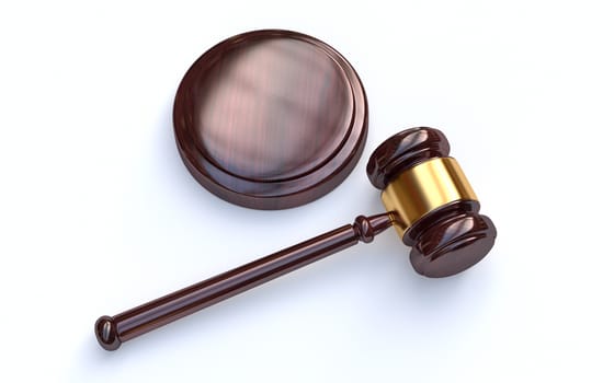 Judge, wooden gavel on white background 
