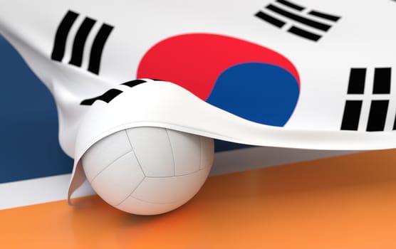 Flag of South Korea with championship volleyball ball on volleyball court