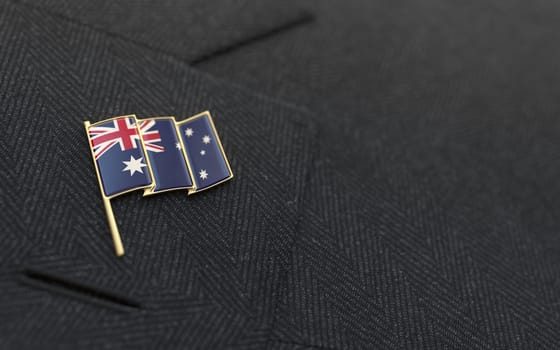 Australia flag lapel pin on the collar of a business suit jacket shows patriotism