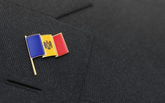 Moldova flag lapel pin on the collar of a business suit jacket shows patriotism