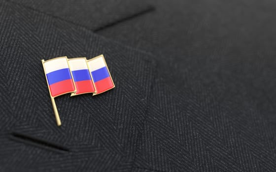 Russia flag lapel pin on the collar of a business suit jacket shows patriotism