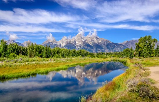 Landscape view of Grand Teton mountains  with water reflection, Wyoming, USA