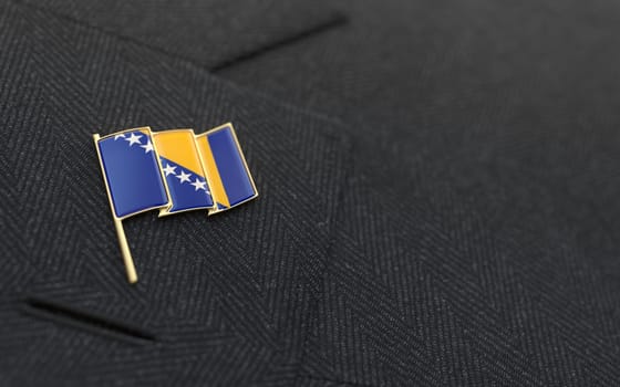 Bosnia and Herzegovina flag lapel pin on the collar of a business suit jacket shows patriotism