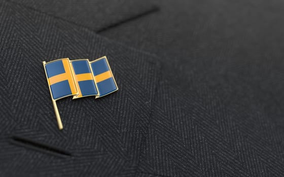 Sweden flag lapel pin on the collar of a business suit jacket shows patriotism