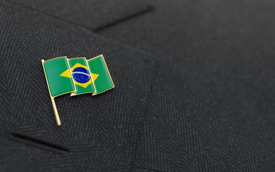 Brazil flag lapel pin on the collar of a business suit jacket shows patriotism