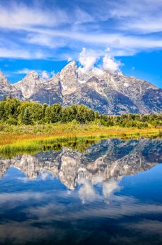 Scenic view of Grand Teton mountains  with water reflection, Wyoming, USA