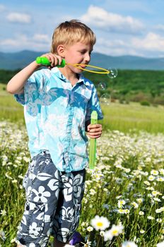 funny little boy blowing soap bubbles in daisy field 