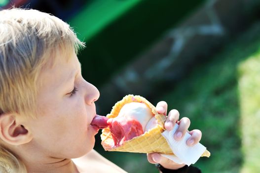 little boy licking ice cream in hot summer day