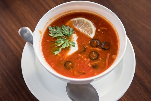 Traditional russian soljanka or saltwort soup
