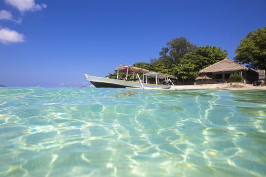 Long Tail Boat on Tropical Beach, Gili island, Bali.