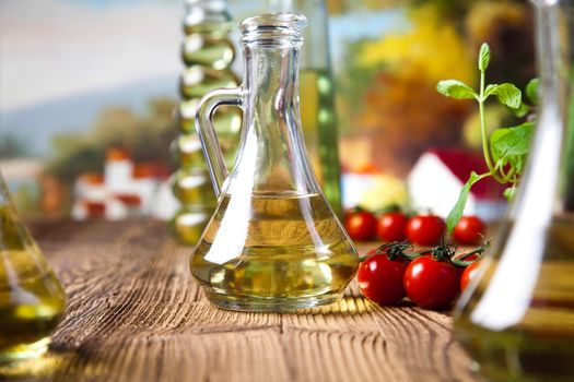 Olive oils in bottles, Mediterranean rural theme