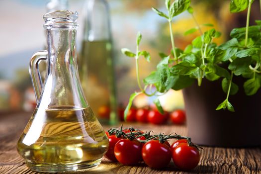 Olive oils in bottles, Mediterranean rural theme