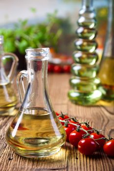 Olive oils in bottles, Mediterranean rural theme