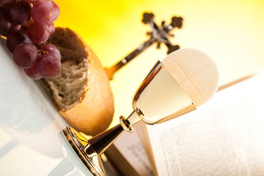 Christian holy communion, bright background, saturated concept