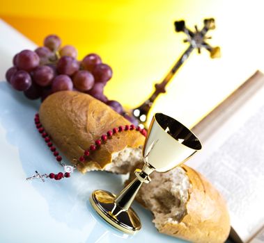Christian holy communion, bright background, saturated concept