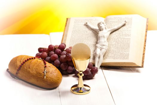 Christian holy communion, bright background, saturated concept