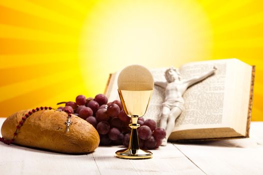 Christian holy communion, bright background, saturated concept
