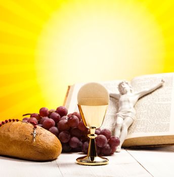 Christian holy communion, bright background, saturated concept