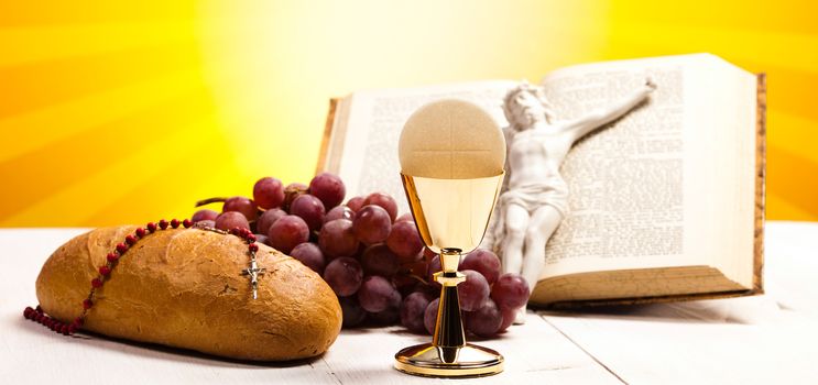 Christian holy communion, bright background, saturated concept