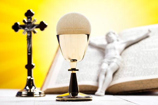 Christian holy communion, bright background, saturated concept