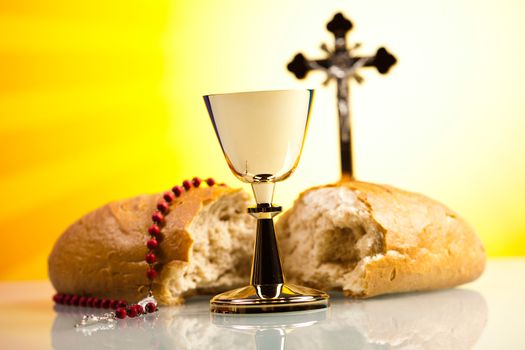 Christian holy communion, bright background, saturated concept