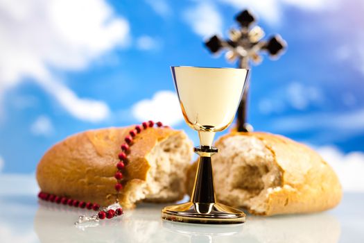 Christian holy communion, bright background, saturated concept