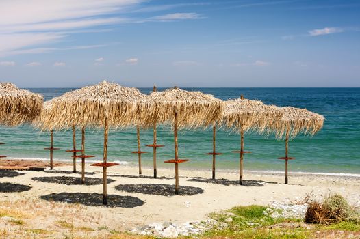 Rows of reed umbrellas on the sea beach 