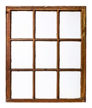 panel of vintage, grunge, sash window with dirty glass (9 panes), isolated on white with a clipping path