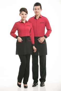 Wear clothing occupation Chinese waiters in white background