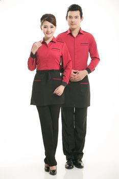 Wear clothing occupation Chinese waiters in white background